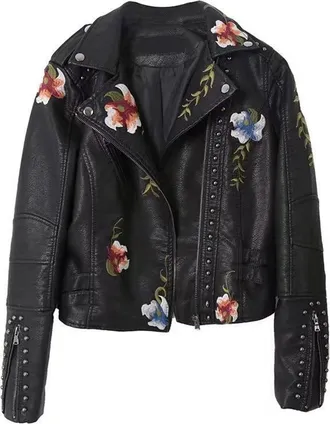 Generic Women Faux Leather Jacket Fashion Floral Motorcycle Biker Jackets Coat Zip Short Moto Outwear