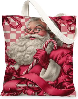 Generic Christmas Santa Canvas Tote Bags, Festive Holiday Design Reusable Bags, Vintage Lightweight Washable Shoulder Strap Canvas, Red, 13x15 Inch