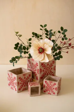 Kalalou Set Of Four Square Cement Christmas Planters With Red Detail