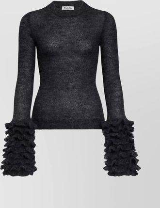 Alaia ruffled cuff knit jumper with crew neck