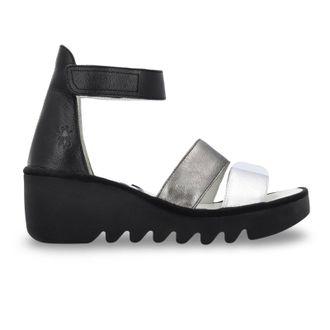 FLY London BONO290FLY Leather Womens Wedge Sole Sandals - Silver Graphite Black - Size:UK 4