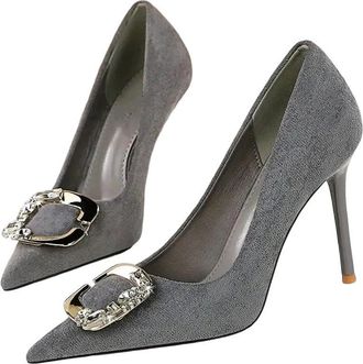 Generic Women High Heel Pumps Pointed Toe Metal Buckle Elegant Wedding Party Dress Shoes Gray