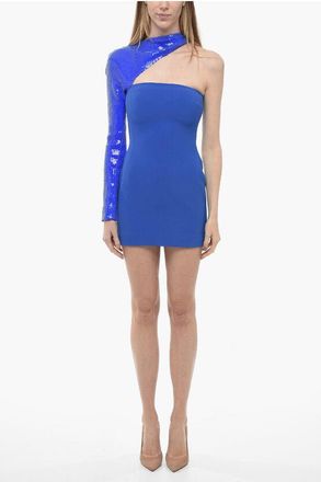 DAVID KOMA One-Shoulder Sheath Dress with Sequin Sleeve size 40