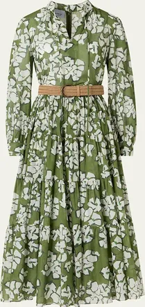 Akris Floral Cotton Muslin Tiered Midi Shirtdress