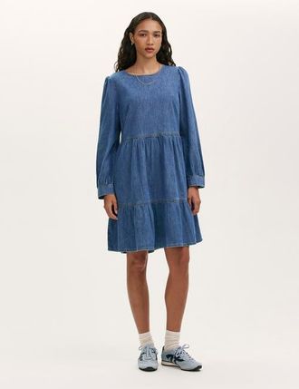 Finery Nancy Denim Short Tiered Dress in Light Blue at Nordstrom, Size 16