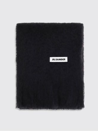 Jil Sander Fringed Mohair Wool Blend Scarf with Applied Logo Patch
