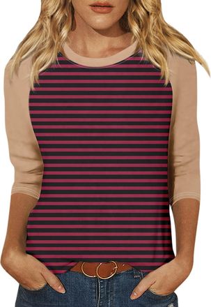 Generic Womens Regular-Fit 3/4 Sleeve T-Shirt Womens Fashion Clothes UK Lightweight Breathable Patchwork Color Length Round Neck Tunic Tops Business Office We