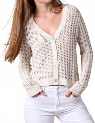 Minnie Rose Linen Cotton Blend Pointelle Cardigan In White