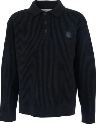 Maison Kitsun&eacute; Fox Head Wool Ribbed Polo Sweater - Heren - Ronde hals truien - Zwart - L - Wol - Truien & Vesten