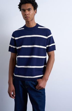 Topman Textured Stripe Short Sleeve Crewneck Sweater in Navy at Nordstrom, Size Xx-Large