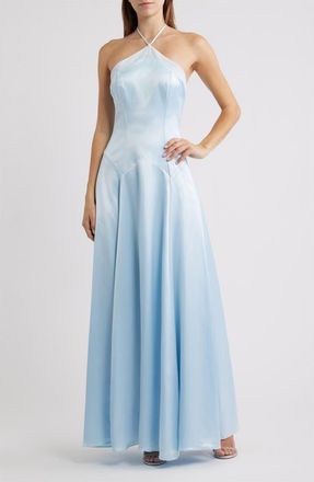 House of CB Avelina Halter Neck Godet Satin Maxi Gown in Blue at Nordstrom, Size X-Large