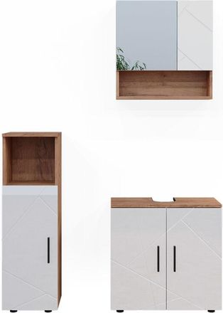 Vicco Conjunto de muebles de baño Irma, Blanco brillo intenso/roble dorado, 3 piezas