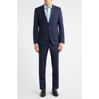 BOSS Huge Slim Fit Navy Check Virgin Wool Suit in Dark Blue at Nordstrom, Size 36 Regular