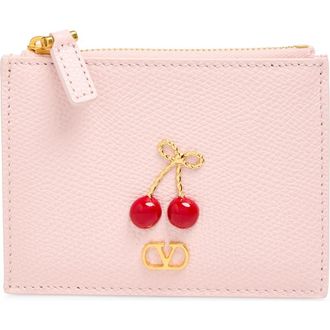 Valentino Garavani Cherryfic Leather Card Case in Rose Quartz at Nordstrom