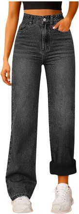 Generic Fleece Lined Jeans Women Stretchy High Waisted Wide Leg Baggy Jeans for Women Winter Jean Pants Womens Casual Fleece Lined Straight Leg Winter Thermal