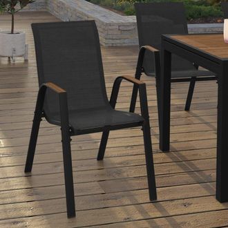 IDMarket Lote De 6 Sillas De Jard&iacute;n Apilables De Metal Y Textileno Noumea, Negro Y Madera