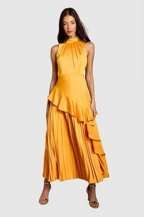 Coast Satin Crepe High-Neck Pleated Maxi Dress in Orange at Nordstrom, Size 10