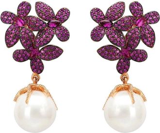 Latelita London Flowers Pearl Earrings Ruby Pink Rosegold