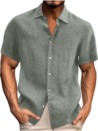 Generic SYDUZAX Mens Linen Shirts Short Sleeve Plain Summer Casual Shirts Solid Color Cotton Linen Shirts Lightweight Stand Collar Tops Button Down Shirts Cas