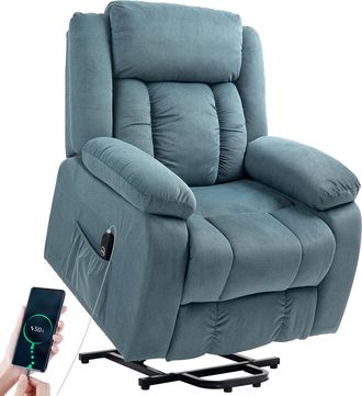 HOMCOM Homcom Sill&oacute;n Relax Reclinable El&eacute;ctrico Levanta Personas, Con Puerto Usb, Control Remoto, Asiento Ancho, Reposapi&eacute;s, Bolsillos Laterales, Azul