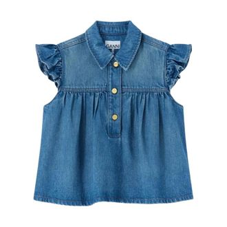 Ganni Denim Ruffle Top - female - Ganni - Blouses - Blue - S - Blouses & Shirts