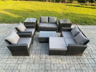 Fimous Garden Furniture Sets 8 Pieces Outdoor Rattan Furniture Manual Wicker Patio Sofa Chair Set with Coffee Table 2 Side Tables in Dark Grey