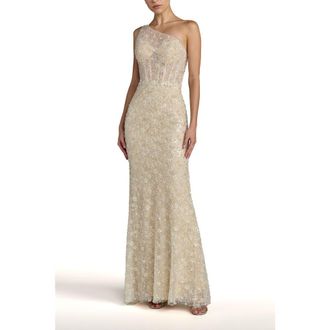 Mac Duggal Sequin Floral Sheer One Shoulder A Line Gown in Oyster Nude at Nordstrom, Size 12