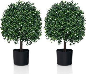 Costway Costway - Juego de 2 Árbol Artificial de Topiario de Buxus en Forma de Bola, Plantas de Arbustos Falsos con Hojas Resistentes, 343 Frutas Blancas