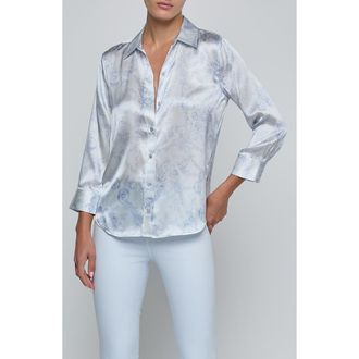 L'agence Dani Lace Print Three-Quarter Sleeve Silk Button-Up Shirt in Ivory Mist/Blue Lace Print at Nordstrom, Size Xx-Small