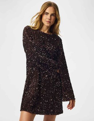Pieces Kammy abito mini a maniche lunghe con girocollo e paillettes rosso-Nero