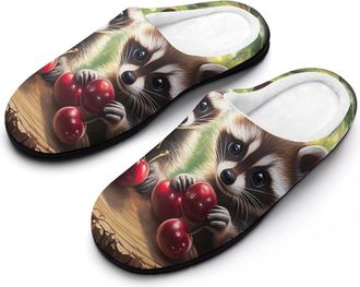 Generic Cute Raccoon Cherry1 Blueberry Mens House Slippers Memory Foam Washable Cotton Slip on Home Shoes