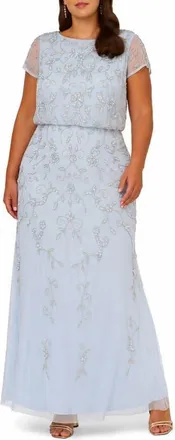 Adrianna Papell Beaded Mesh Gown in Elegant Sky at Nordstrom, Size 16W