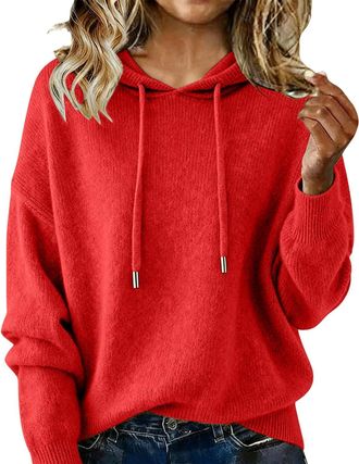 Generic Loose Knitting Pullover Sweater, Womens Solid Color Knitted Sweatshirt, Long Sleeve Casual Pullover, Fall Winter Sweater (Red,S)