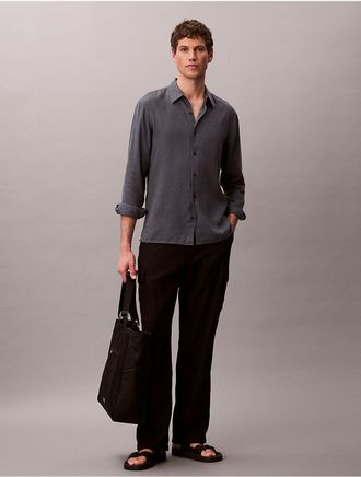 Calvin Klein Mens Solid Linen Blend Classic Shirt - Medium Grey - XL