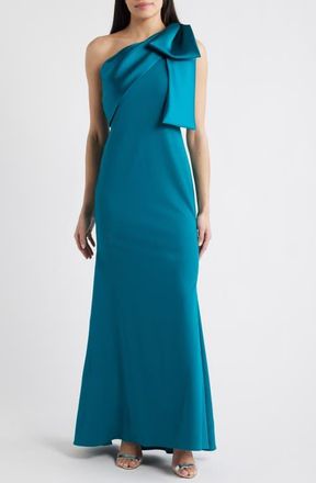 Betsy & Adam Bow One-Shoulder Crepe Mermaid Gown in Teal at Nordstrom, Size 10