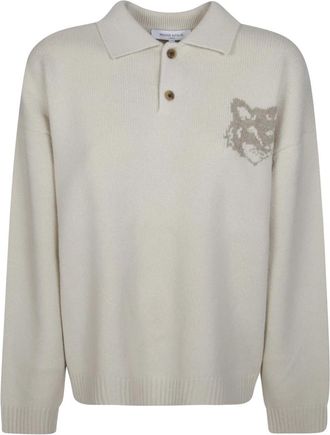 Maison Kitsun&eacute; Jersey Polo de Merino con Intarsia de Cabeza de Zorro - Tops - Hombre - Beige - S