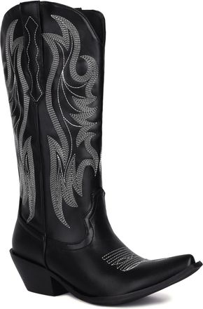 Generic Womens Pointed Toe Western Cowboy Boots PU Leather Mid-Calf Boots with Embroidery Stitched Block Heel Cowgirl Boot,Black,3.5 UK