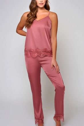 iCollection Stretch Satin Lace-Trim Pajama Set in Wine at Nordstrom, Size X-Small