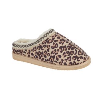 Jo & Joe Ladies Full Toe Mule Slippers, FauxFur Lined, Embroidered stitch detail and centre seam, Outdoor or Indoor 4-8 (Leopard, UK Footwear Size System, Adul