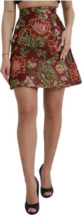 Dolce & Gabbana Maroon Bloemen Jacquard Mini Rok - Dames - Korte rokken - Veelkleurig - S - Katoen - Rokken