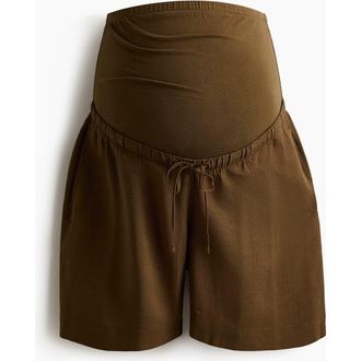H&M Mama Linen-blend Shorts in Dark Khaki Green at Nordstrom, Size Xx-Large