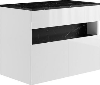 Vente-Unique Mueble de ba&ntilde;o flotante con luces LED y encimera - Blanco y negro efecto m&aacute;rmol - Ancho 80 cm - POZEGA