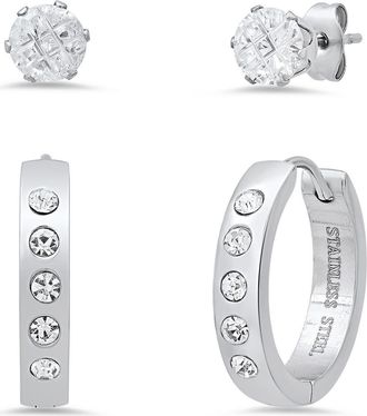 HMY Jewelry Set of 2 Stainless Steel Crystal Stud & Hoop Earrings in Silver at Nordstrom Rack