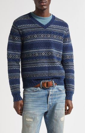 Ralph Lauren Indigo Stripe Cotton & Linen V-Neck Sweater in Indigo Multi at Nordstrom, Size X-Large