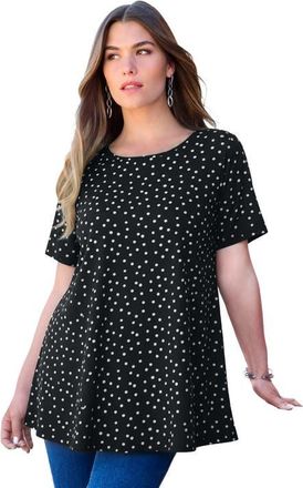 Roaman's Plus Size Ultimate Cotton Crewneck Short Sleeve Swing Tee in Black Painted Dot at Nordstrom, Size Small