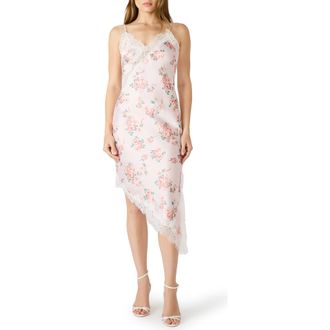 Steve Madden Floral Asymmetric Hem Satin Slipdress in Peach Romance at Nordstrom, Size X-Small