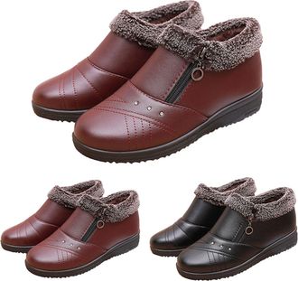 Generic Womens Padded Warm Short Boots with Fur Lined Ladies Flat Low Heel Vegan Leather Booties Waterproof Slip-On Shoes Winter Thickening Snow Boots Red