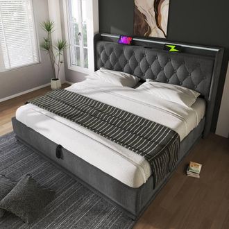 Merax 360 LED Upholstered Bed Frame With Hydraulic Storage & Charging in Grey | Size: King