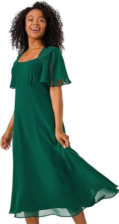 Roman Womens Petite Hotfix Detail Midi Dress - Green - Size 8 UK