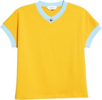 Versace Cotton Ringer V-Neck T-Shirt in Yellow Azure Blue at Nordstrom, Size 2 Us